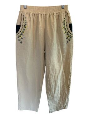 Cotton Butter Yellow Embroidered Boho Relaxed Pants Lightweight Euro Summer